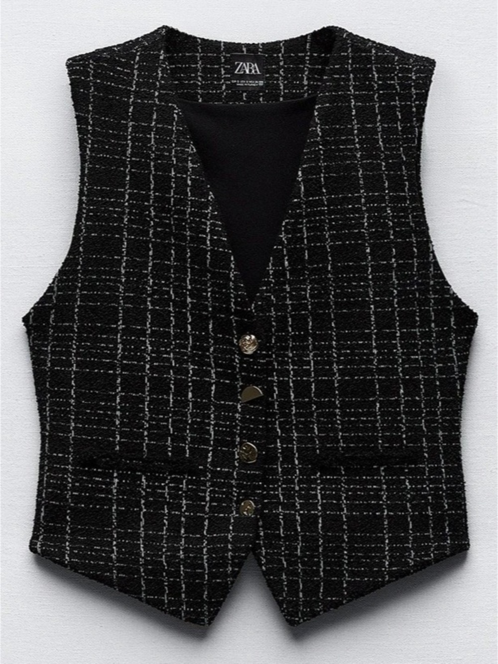 Zara Jacquard Textured Buttoned Vest Checkered Buttoned Vest in Black & White